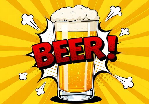 Pop Art Style Beer Illustration with Exclamation Point