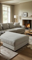 Fototapeta premium A light gray sectional sofa and ottoman in a warm, inviting living room with natural light and a cozy fireplace.