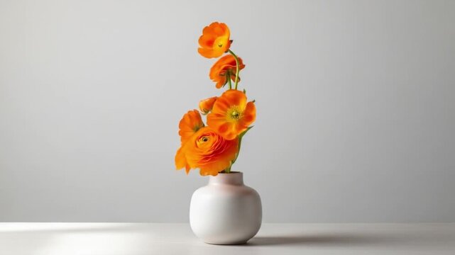 Vibrant orange ranunculus flowers bloom elegantly in a minimalist white vase, bringing natural beauty indoors.