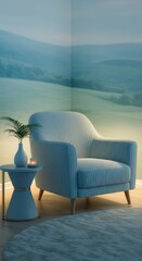 Fototapeta premium Light-blue corner armchair in a room with a tranquil landscape wallpaper, highlighted by a small table and a plant.