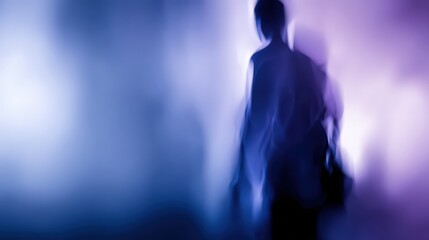 Fototapeta premium Blurred Figure Walking Through Purple Blue Gradient Background