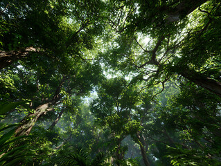  A vibrant green forest canopy with sunlight filtering through the leaves, showcasing the beauty of nature.