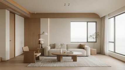 Modern minimalist living room with natural light and neutral tones