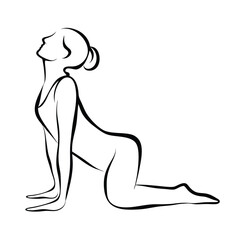 Elegant Yoga Pose Illustration Serene Female Figure in Upward Facing Dog Posture Black and White Minimalist Design for Wellness