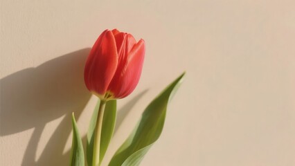 Fototapeta premium A single red tulip with green leaves against a neutral background