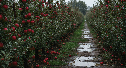 Rows of apple trees laden with ripe red fruit line a muddy path in an orchard after a rain.