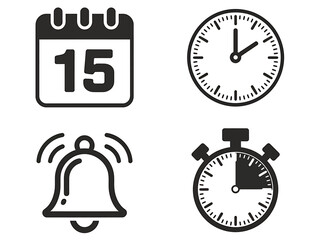 Time Management and Scheduling Icons Calendar, Clock, Alarm, and Stopwatch for Concepts