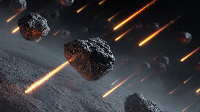 Dynamic cluster of black meteorites flying with fiery trails and sparks on transparent background, perfect for cosmic and space-themed designs