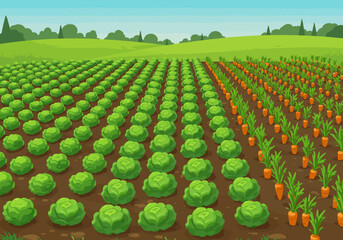 Farm landscape with rows of cabbage and carrot crops under a blue sky and green hills