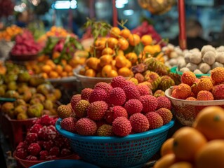 Colorful fruit market stalls with rambutan and lychees