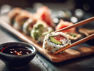 Sushi rolls with soy sauce on wooden board