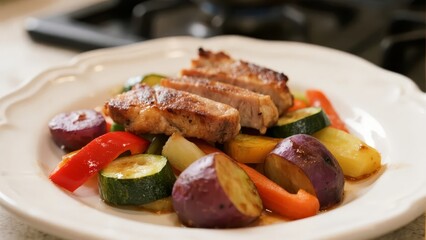 Sliced Pork Tenderloin with Roasted Vegetables on a White Plate