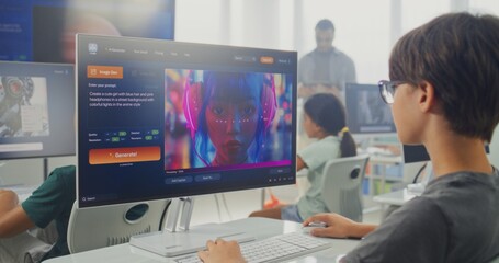 Primary School Boy Working on Computer, Creating Futuristic Picture in AI Image Generator. Diverse Kids Studying Artificial Intelligence During Digital Art Class. Innovative STEM Learning. Static Shot