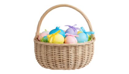 Wicker Easter basket filled with colorful painted eggs festive spring holiday decoration traditional seasonal symbol isolated on white background