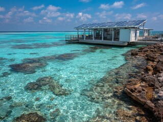 Floating solar-powered structure over turquoise water