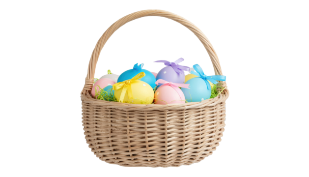 Wicker Easter basket filled with colorful painted eggs festive spring holiday decoration traditional seasonal symbol isolated on white background - Powered by Adobe