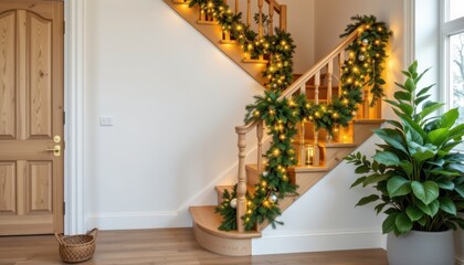 a scandinavian wooden staircase decorated with shimmering garlands only, warm golden glow, natural wood texture, white walls, christmas minimalism.