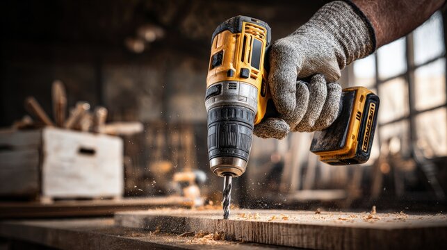 Close Up Of Hand Using Power Drill In Workshop