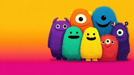 Colorful furry characters standing together against a vibrant yellow and orange backdrop