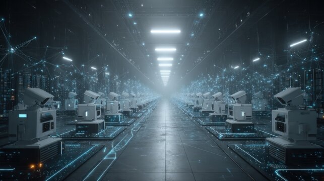 Futuristic Server Room Corridor With Glowing Lights