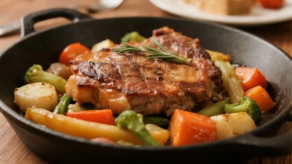 Grilled Pork Chop with Mixed Vegetables in a Cast Iron Skillet