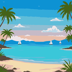 Obraz premium Tropical beach scene with calm turquoise water and sailboats at sunrise. Peaceful view of the beach with palm trees, perfect for travel advertising or editorial use.