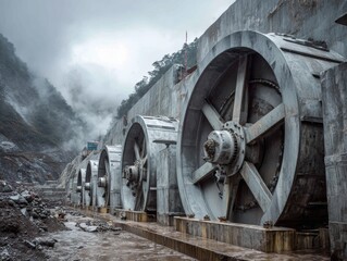 Row of large industrial steel wheels at dam construction