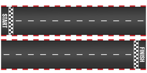 Obraz premium Horizontal racetrack roadway background vector design with white line start and finish grid pattern on asphalt straight way sport motor rally competition speedway element illustration