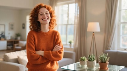 A woman in an orange sweater smiles warmly in a cozy, well-lit living room.