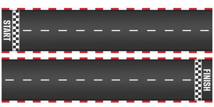 Horizontal racetrack roadway background vector design with white line start and finish grid pattern on asphalt straight way sport motor rally competition speedway element illustration