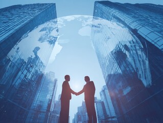 Silhouetted businessmen shake hands between glass towers
