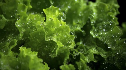 Water droplets resting on freshly picked, crisp lettuce leaves, highlighting freshness and nature's beauty.