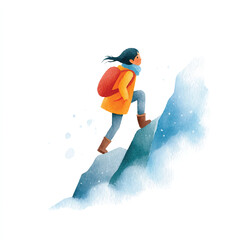 Watercolor illustration of a determined woman hiking up a snowy mountain