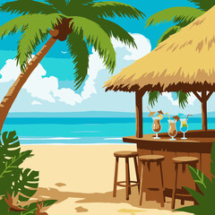 Tropical beach bar scene with colourful cocktails and thatched hut. Empty bar stools invite relaxation and refreshment.