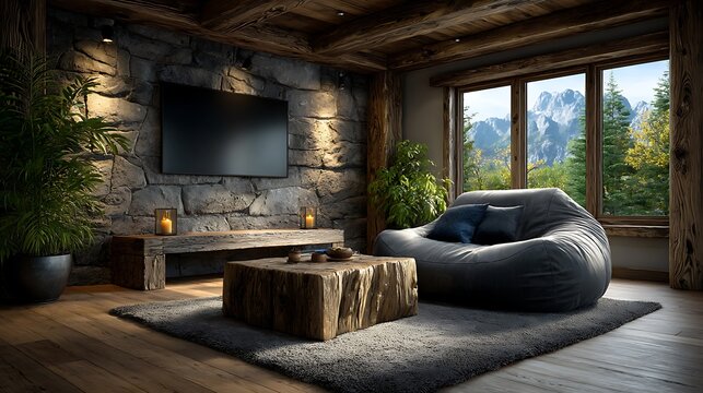 A realistic high-definition photo of a media room with soundproof walls and projector.