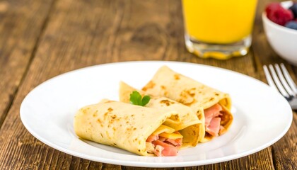 Two savory crepe rolls, filled with ham and cheese, on a white plate
