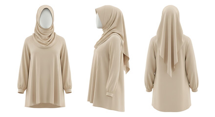 Beige Hijab Tunic Top Mockup, Front, Side, and Back Views, Isolated on White