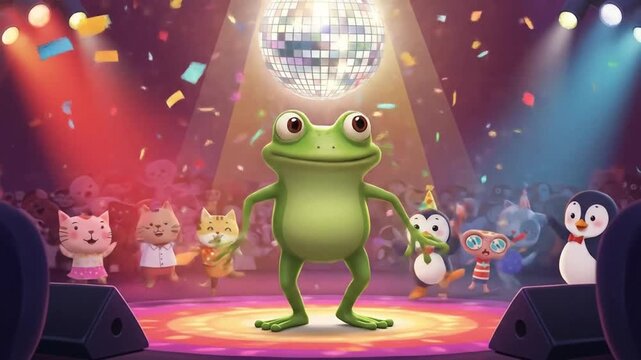 Cartoon Frog Dancing in Disco Party Scene