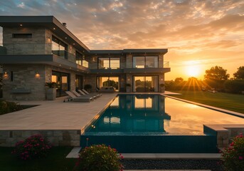 Luxury villa with swimming pool, evening golden hour lighting.