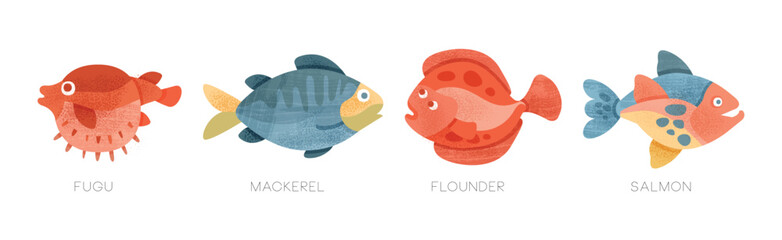 Freshwater and Saltwater Fish as Seafood Depicted in Flat Style Vector Set