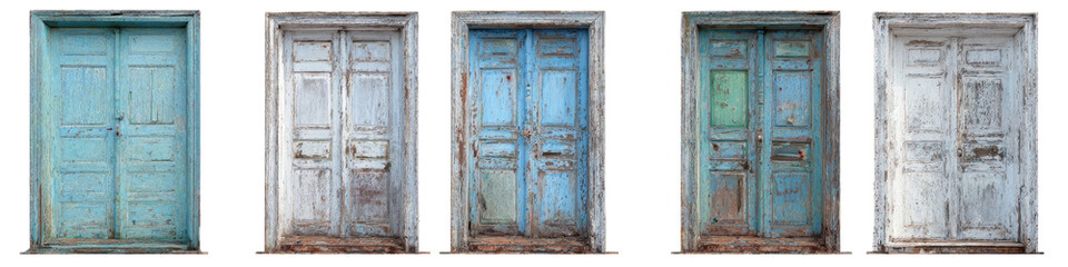 Five weathered wooden doors in varying shades of pale blue and gray