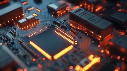 Electronic circuit board showing data processing with orange lights - Powered by Adobe