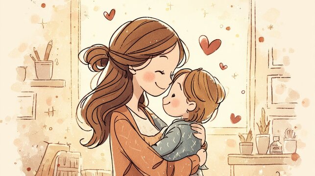 Mother and child embrace in a warm, affectionate moment with soft hues and heart designs