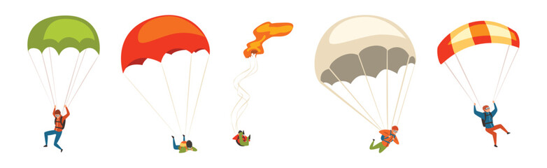 Man Jump with Parachute Engaged in Extreme Sport Activity Vector Set