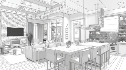 Interior design sketch of a modern open-concept home.