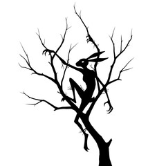 Illustration of silhouette of a spooky creature with rabbit ears and long claws perched on a bare tree branch against a transparent background