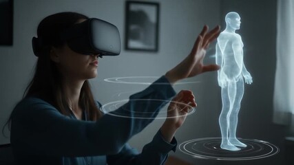 Woman using VR headset interacts with holographic human body, exploring future technology in a modern setting. - Powered by Adobe