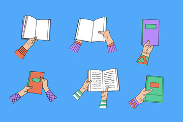 Hand-drawn illustration of human hands holding books. Minimalist and colorful design with open and closed books on a blue background. 