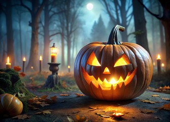 Obraz premium Spooky Halloween Pumpkin Lantern in a Dark Forest with Candles