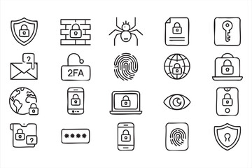 Cyber defense and online safety outline vector illustrations